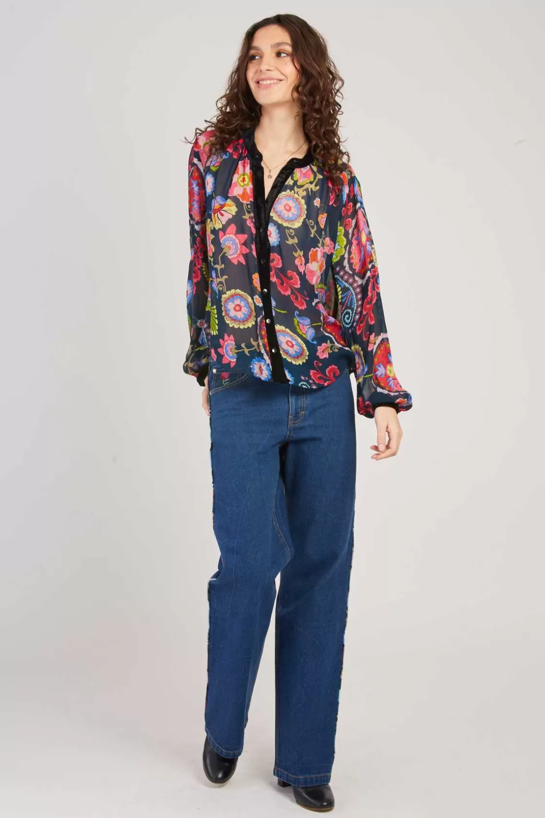 Maison Derhy Les Blouses, Chemisiers & Tops-Blouse imprimée manches longues détails en velours FARAH