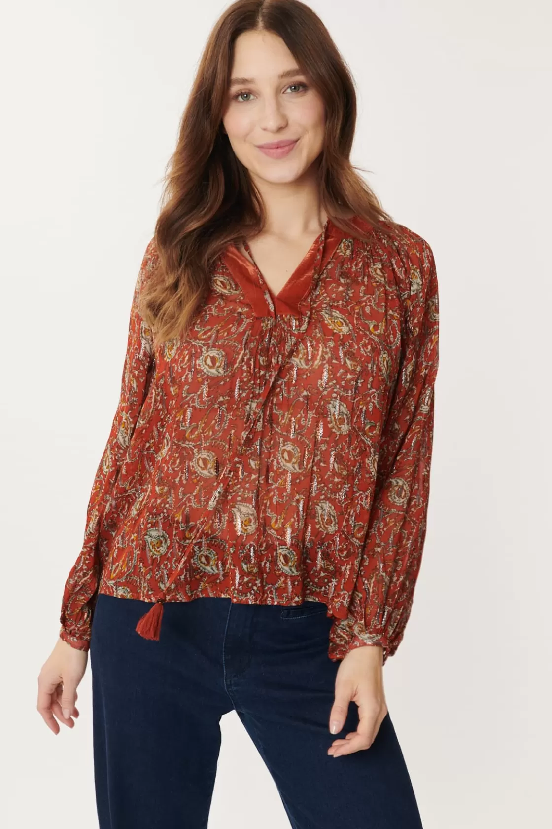 Maison Derhy Les Blouses, Chemisiers & Tops-Blouse Voile Imprimé Lurex BERNADETTE Paprika