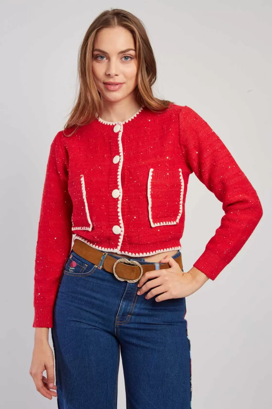 Maison Derhy La Maille | Les Gilets, Cardigans & Pulls-Gilet en maille bicolore brodé avec poches DALABA