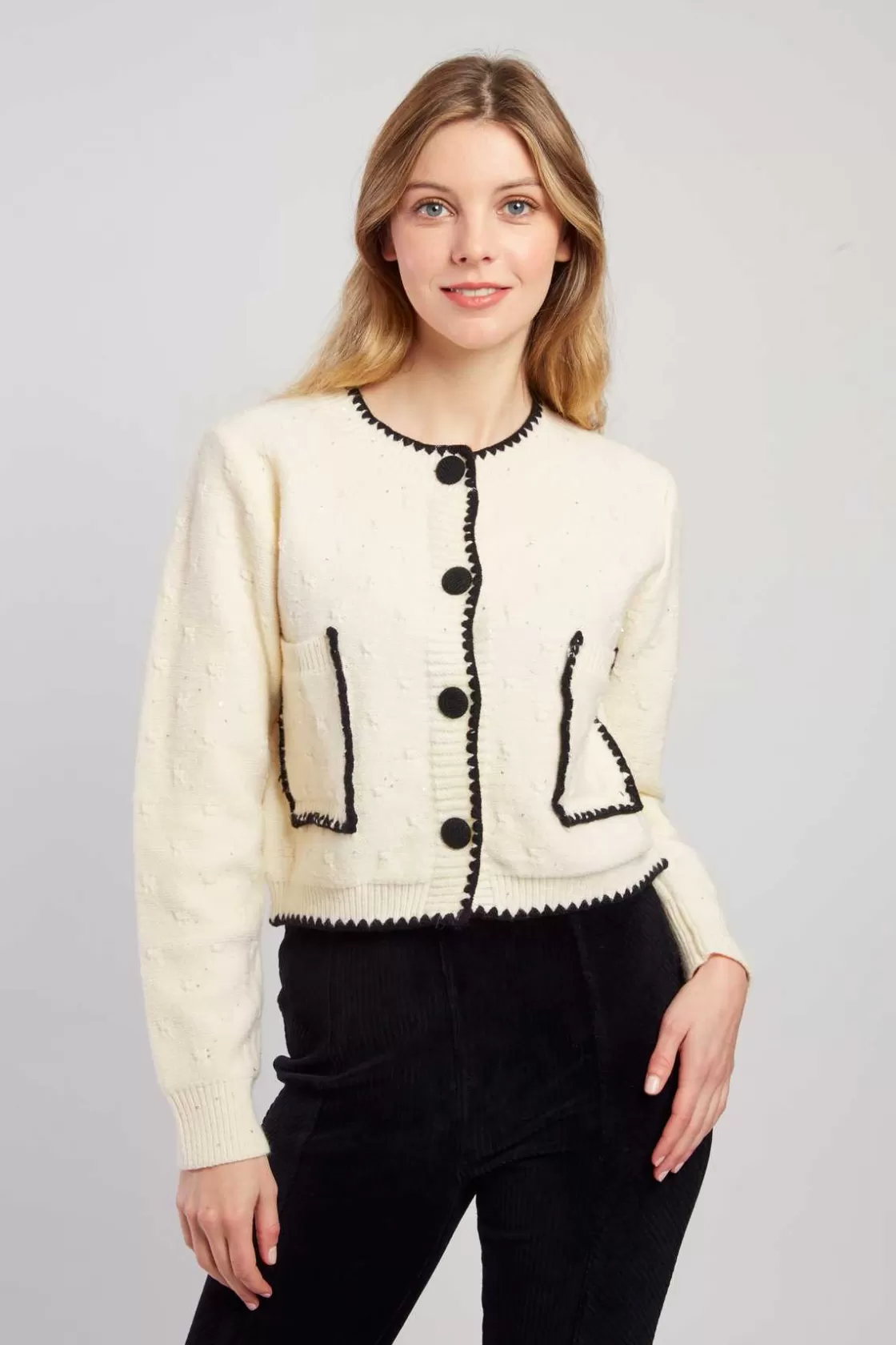 Maison Derhy La Maille | Les Gilets, Cardigans & Pulls-Gilet en maille bicolore brodé avec poches DALABA