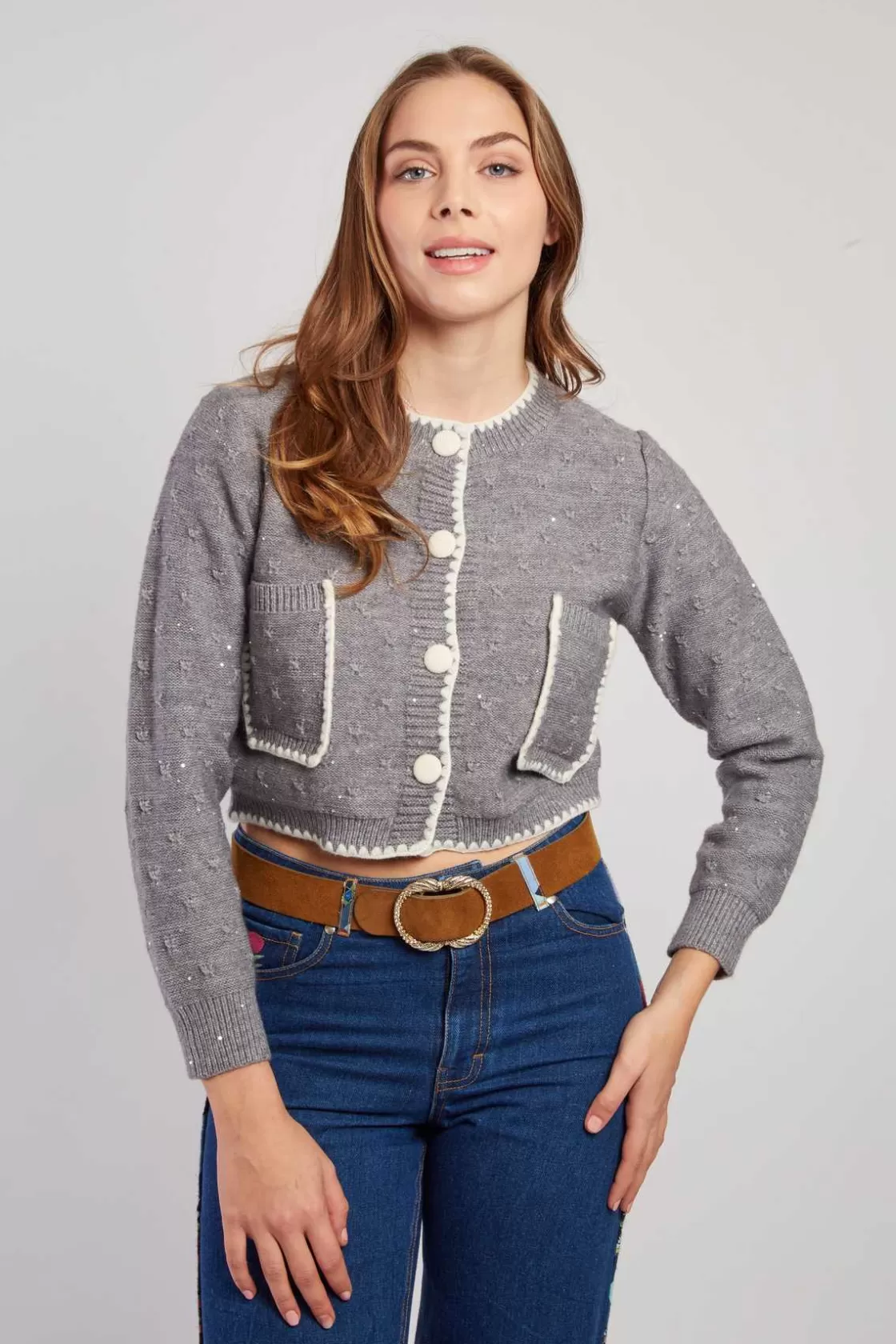 Maison Derhy La Maille | Les Gilets, Cardigans & Pulls-Gilet en maille bicolore brodé avec poches DALABA