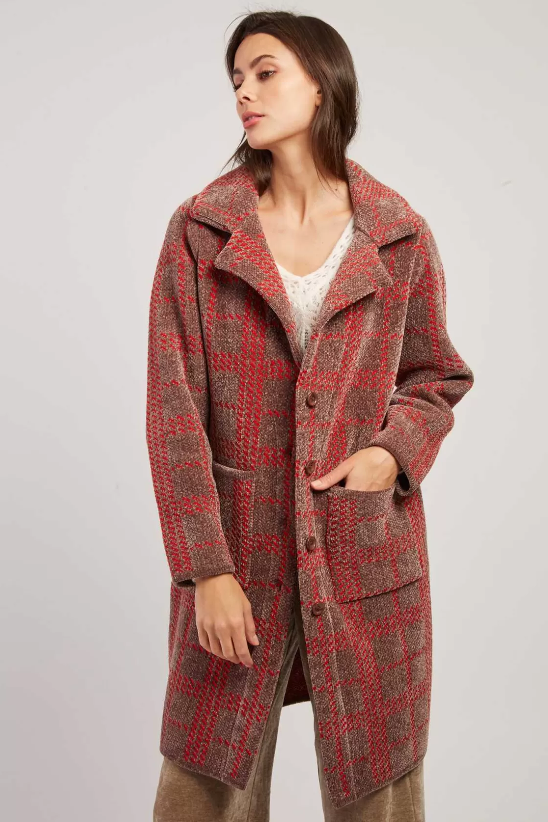Maison Derhy Les Manteaux, Vestes & Doudounes | La Maille-Gilet long en maille jacquard bicolore DANIELA