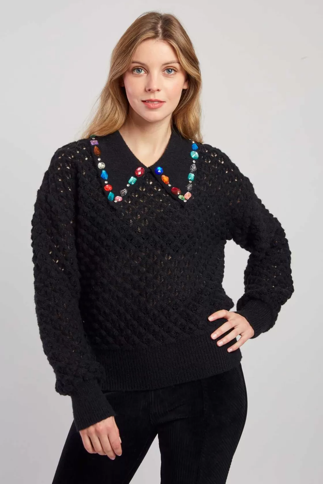 Maison Derhy Les Gilets, Cardigans & Pulls-Pull en grosse maille ajourée avec strass CALEDONIE