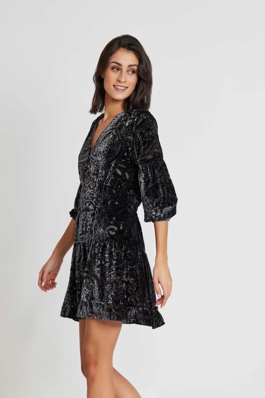 Maison Derhy Robes Courtes-Robe courte velours dévoré REGINE Noir