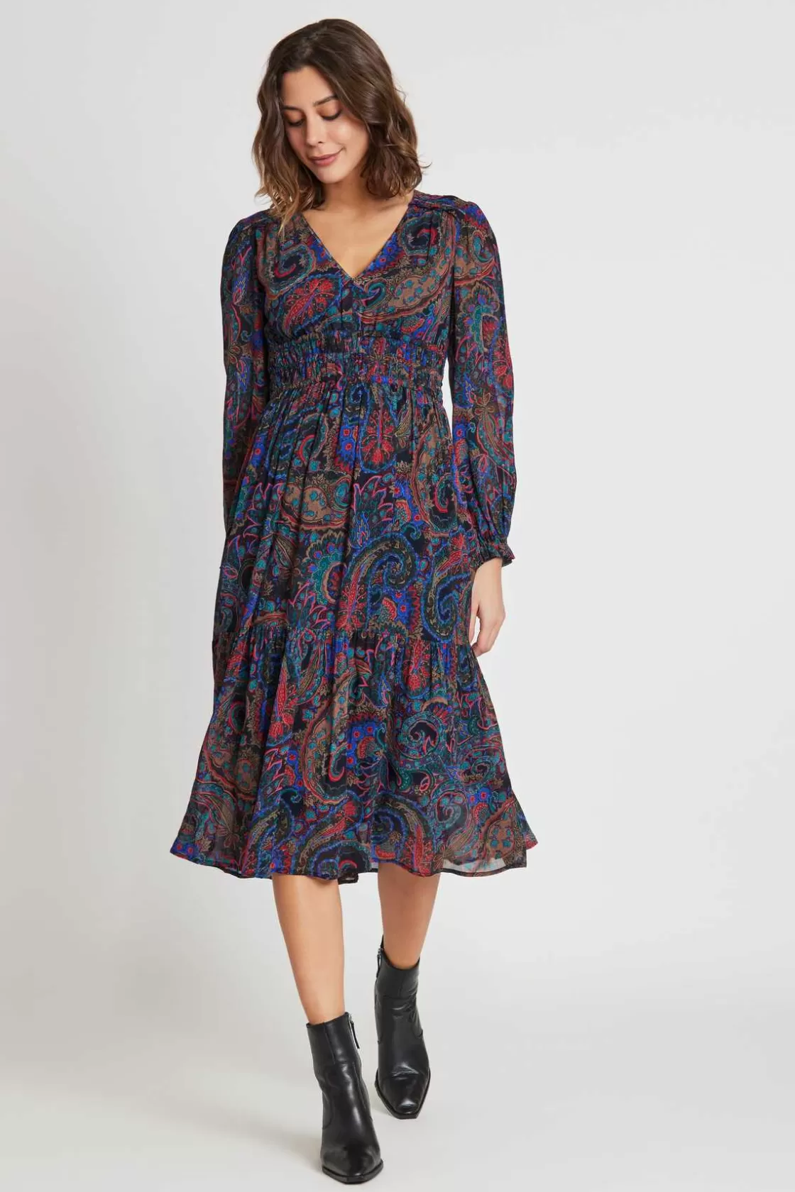 Maison Derhy Robes Imprimées | Robes Longues-Robe midi col V en voile imprimé SCARLETT Bleu