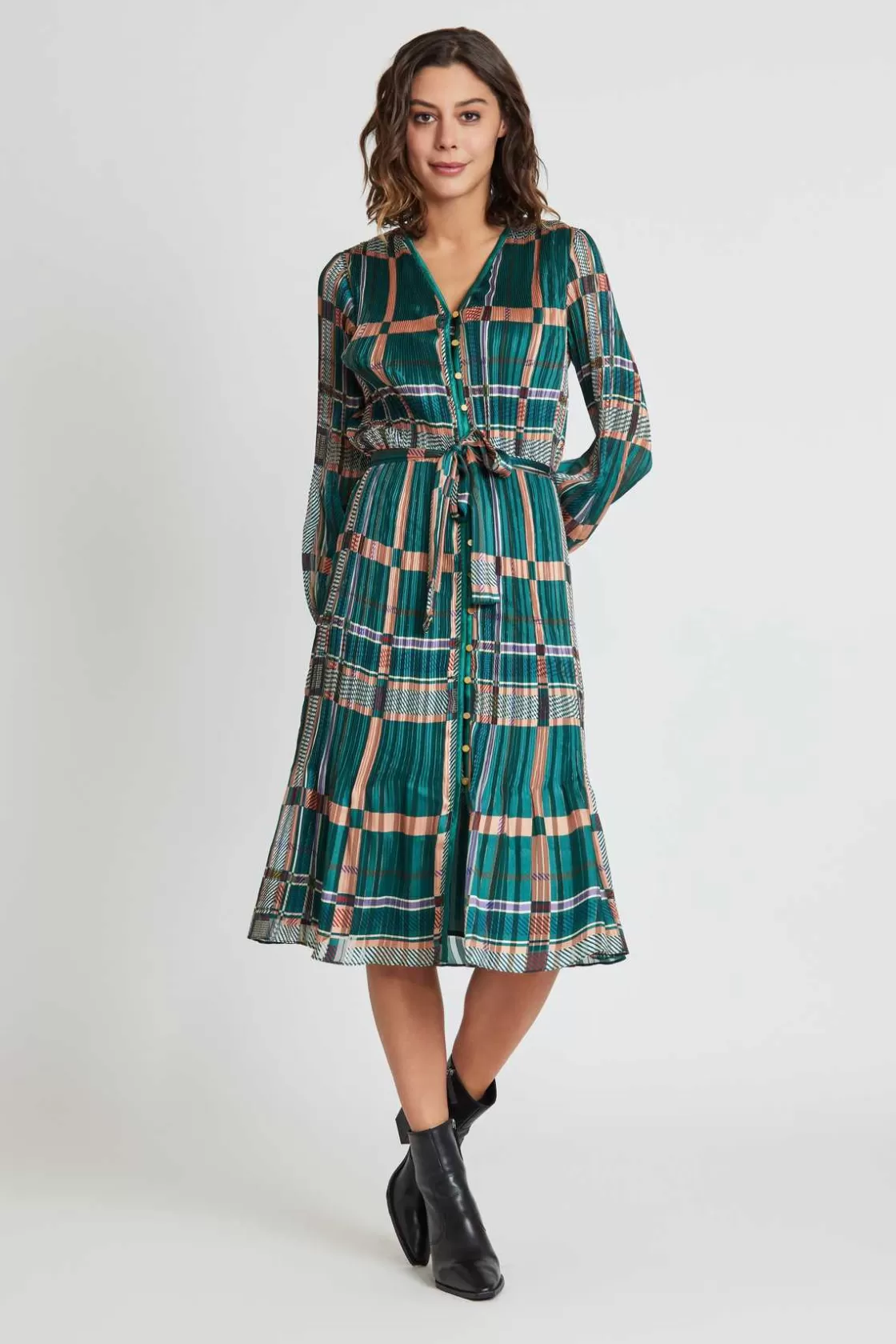 Maison Derhy Robes Imprimées | Robes Longues-Robe midi plissée à carreaux SEVERINE