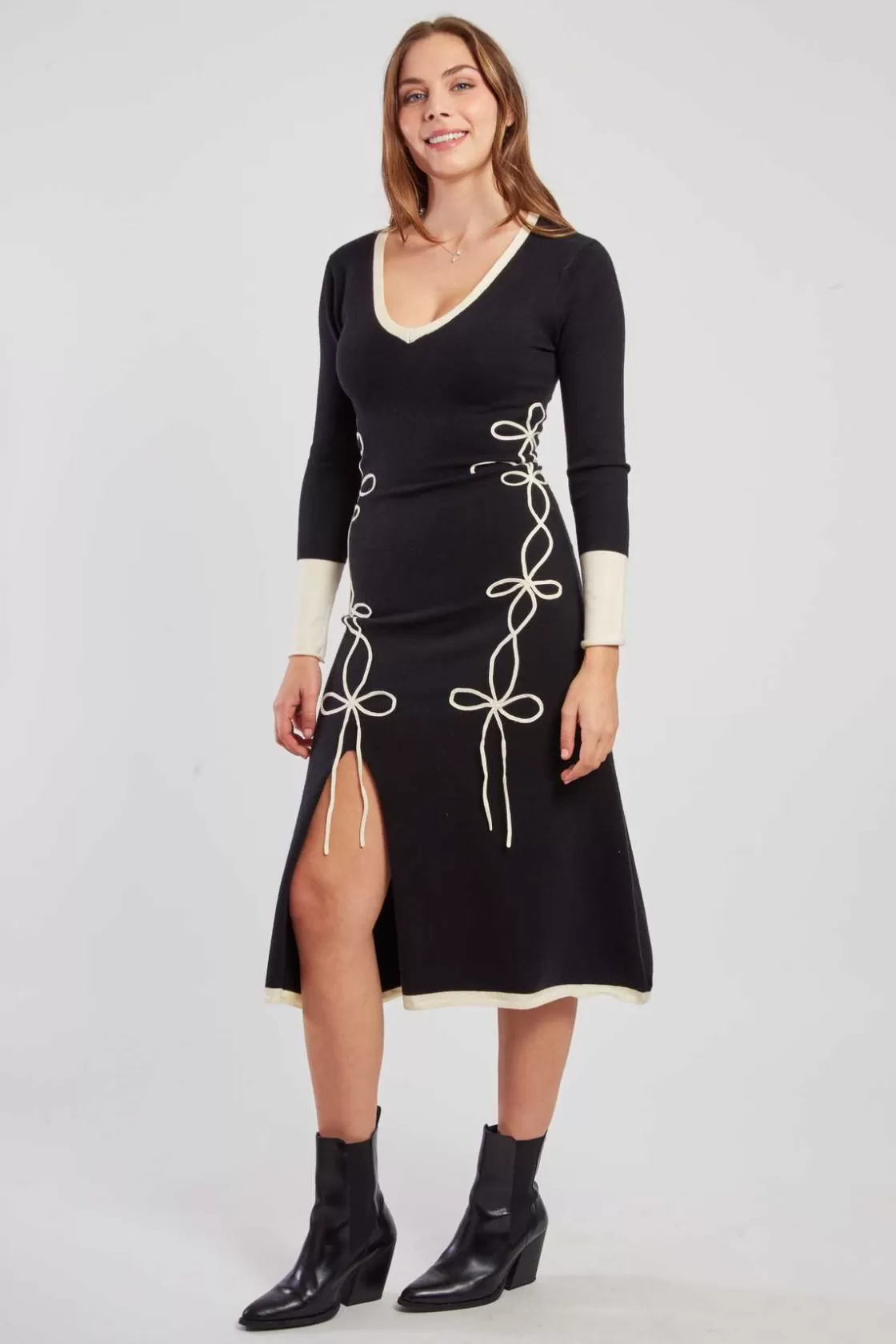 Maison Derhy La Maille | Robes Longues-Robe mi-longue en maille bicolore col V JOSIE