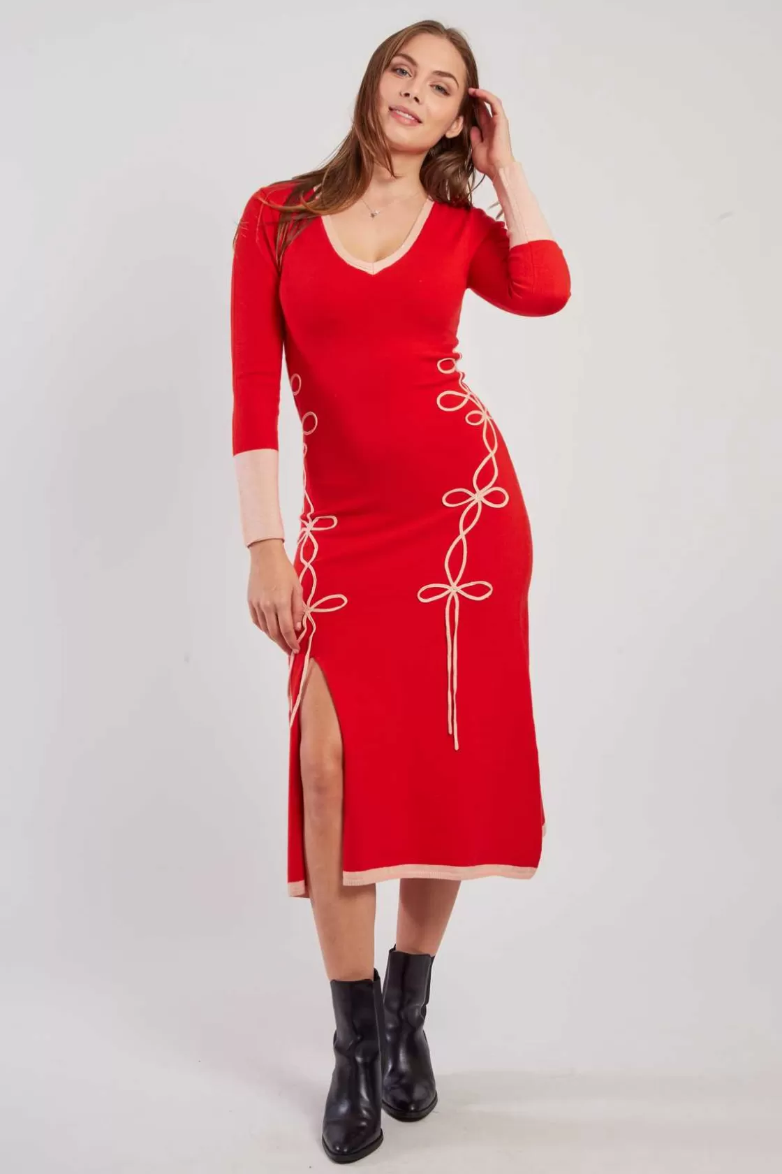 Maison Derhy La Maille | Robes Longues-Robe mi-longue en maille bicolore col V JOSIE