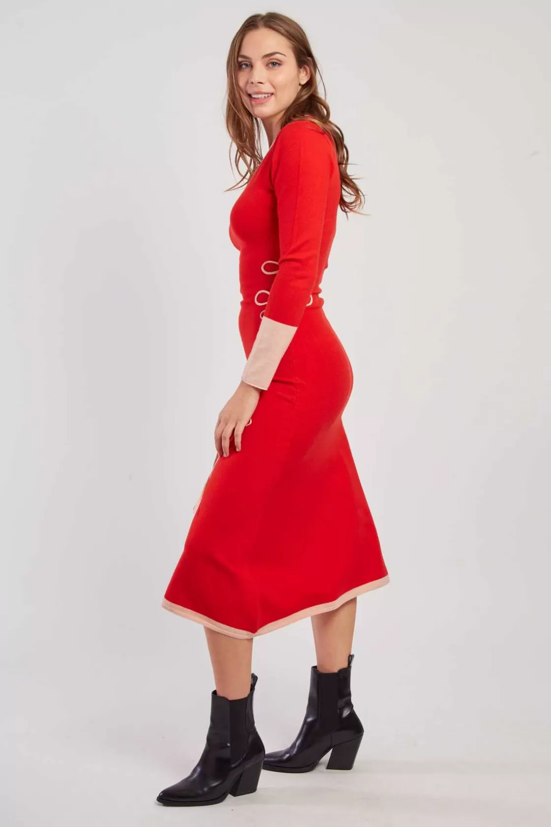 Maison Derhy La Maille | Robes Longues-Robe mi-longue en maille bicolore col V JOSIE