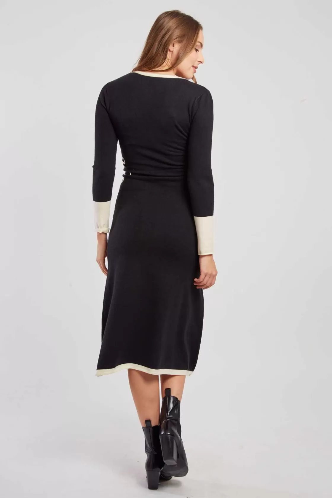 Maison Derhy La Maille | Robes Longues-Robe mi-longue en maille bicolore col V JOSIE