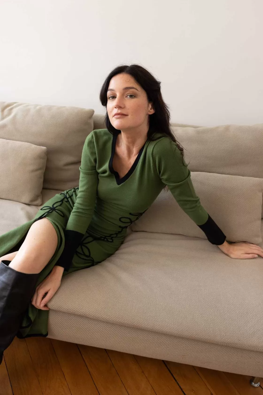 Maison Derhy La Maille | Robes Longues-Robe mi-longue en maille bicolore col V JOSIE