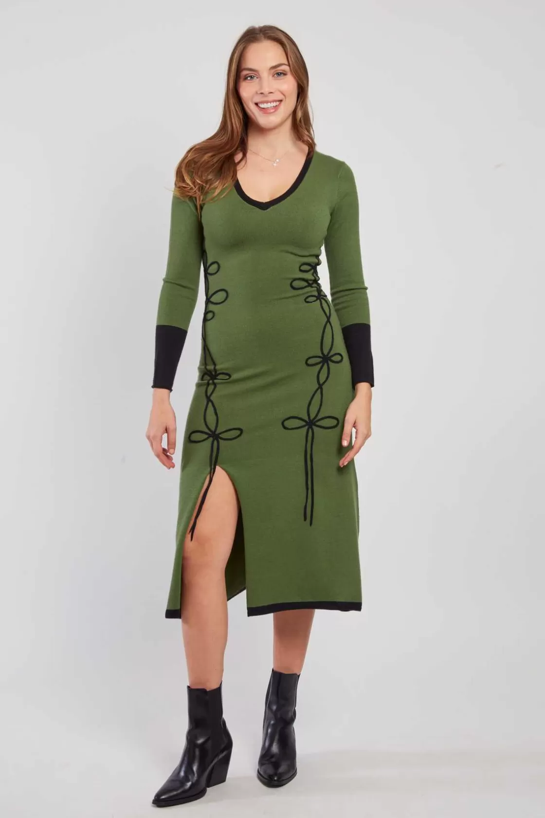 Maison Derhy La Maille | Robes Longues-Robe mi-longue en maille bicolore col V JOSIE