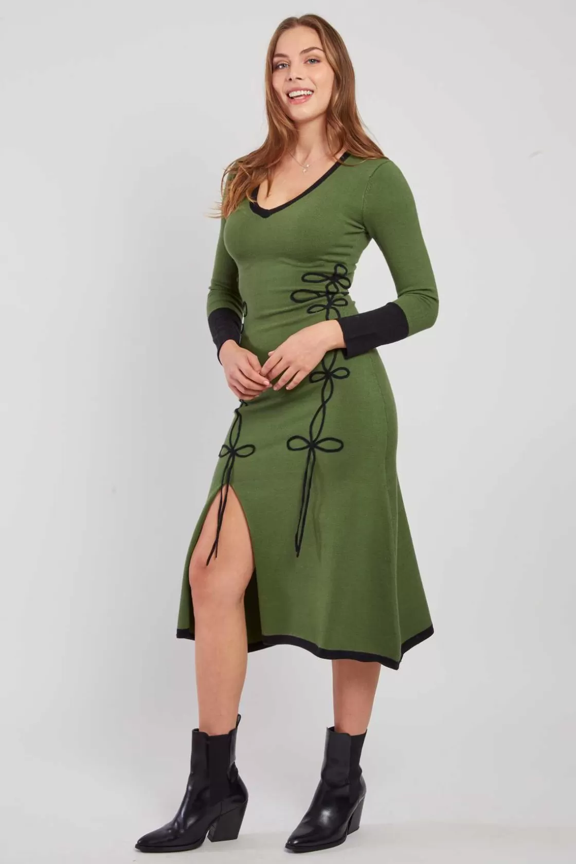 Maison Derhy La Maille | Robes Longues-Robe mi-longue en maille bicolore col V JOSIE
