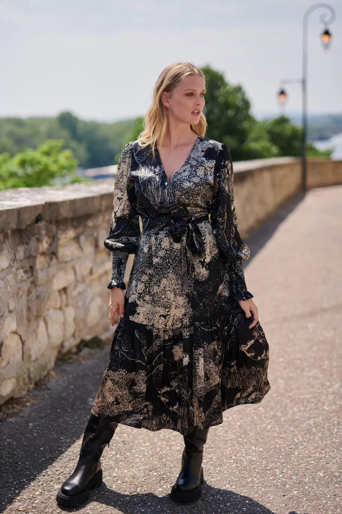 Maison Derhy Robes Imprimées | Robes Longues-Robe Portefeuille Imprimée ADELITA Noir