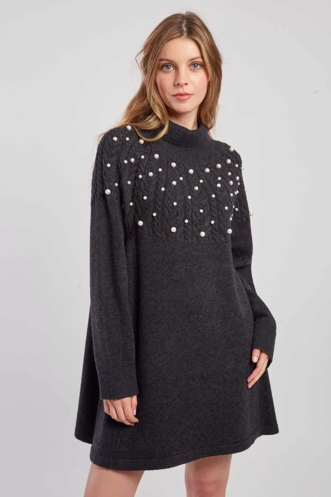 Maison Derhy La Maille | Robes Courtes-Robe pull col roulé unie avec perles JORIS