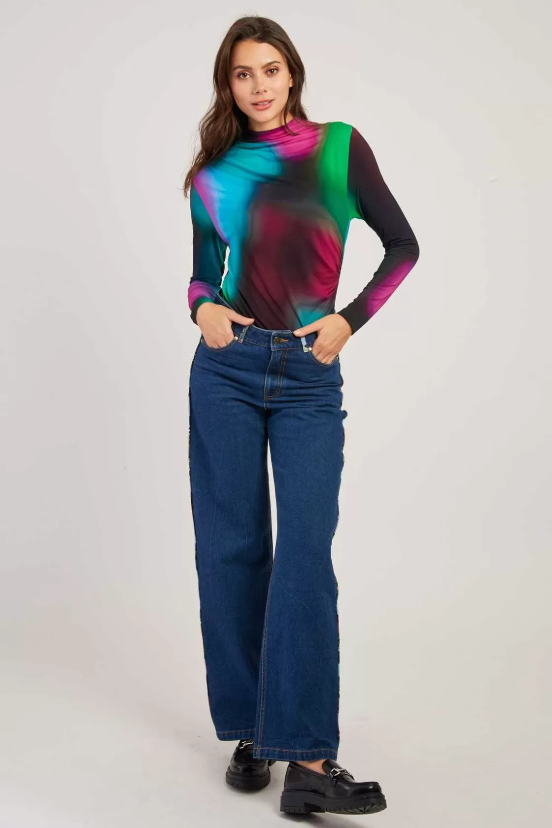 Maison Derhy Les Blouses, Chemisiers & Tops-T-shirt coloré manches longues à motifs abstraits WALLYS Turquoise